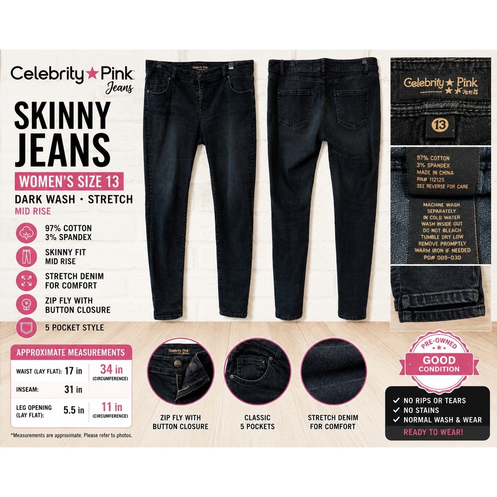 Celebrity Pink Skinny Jeans Womens 13 Dark‎ Wash Mid Rise Stretch CP05610032DK
